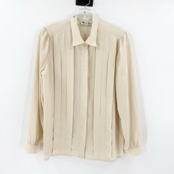 Vintage La Blouse Beige Pleated Button Front Blouse Women's Size 12 - Picture 1 of 14